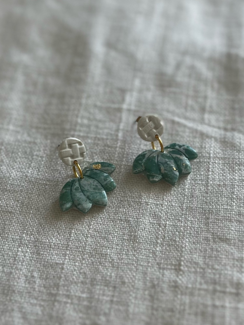 Handmade Green Leaf Drop Earrings with Gold Specks